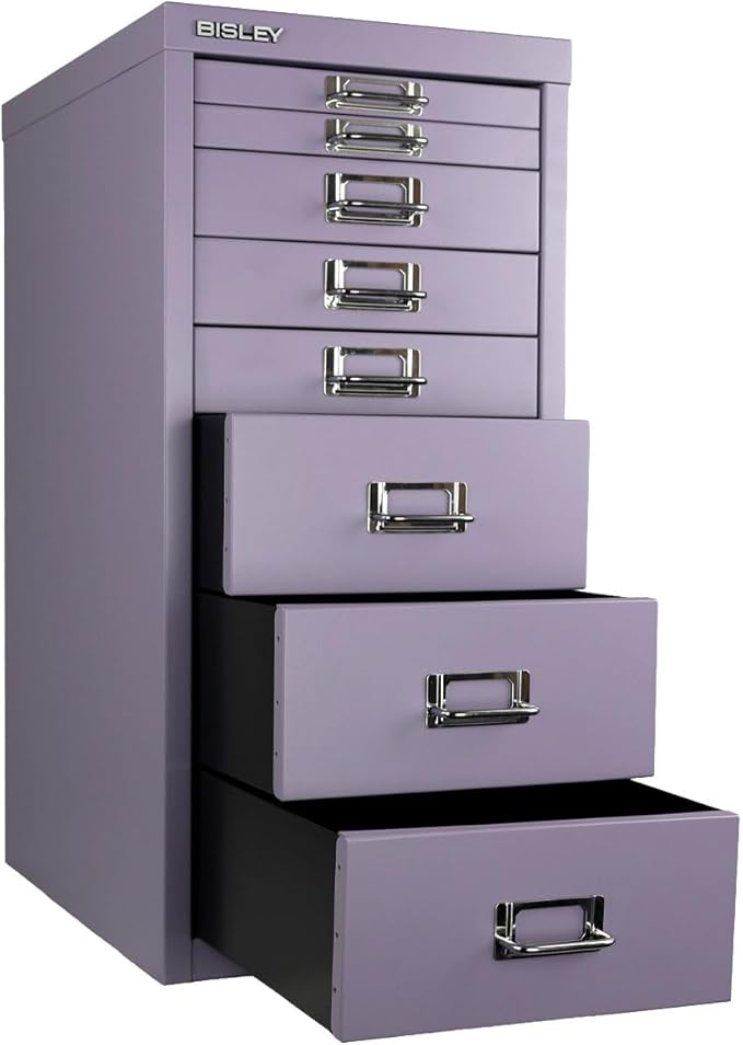 Bisley 8-Drawer Steel MultiDrawer Cabinet - Lilac, Chrome Pull Handles with Label Holders, Powder-Coated Steel, Removable Drawers, Fits Under Most Desks, Labels Included