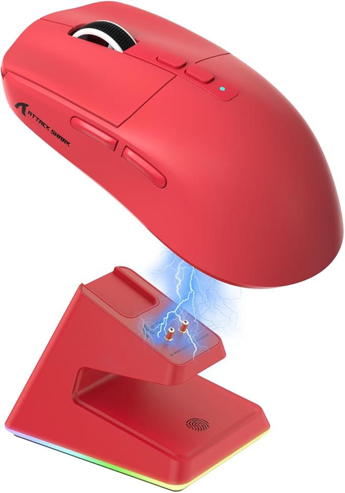 Attack Shark X6 49g Superlight Wireless Gaming Mouse with Magnetic RGB Charging Base, Ultralight Mice PixArt PAW3395 Sensor, 26000DPI, BT/2.4G Wireless/Wired Mouse, 200Hrs Battery for Win/Mac (Red)