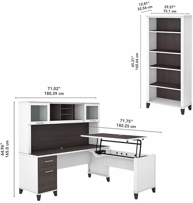 Pemberly Row Sit to Stand L Desk Set, 72W Engineered Wood Desk with Hutch, 5 Shelf Bookcase, White/Gray Finish, Adjustable Height Office Furniture for Ergonomic Workspaces