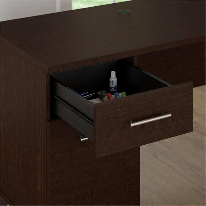 Pemberly Row 72W Office Desk with Hutch and Bookcase, Mocha Cherry Finish, Frosted Glass Doors, Adjustable Shelves, Wire Management, Home Office Furniture Set for Storage and Organization