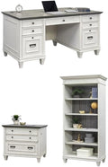 BOWERY HILL Set of 3 Double Pedestal Desk & Open Bookcase & File Cabinet - White