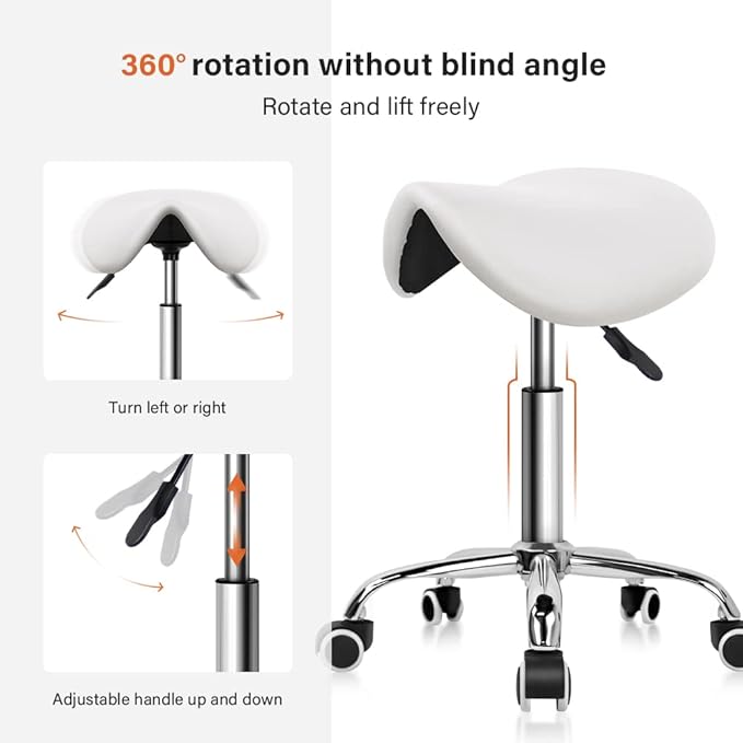 KKTONER Rolling Saddle Stool PU Leather Swivel Adjustable Rolling Stool with Wheels Salon Chair White