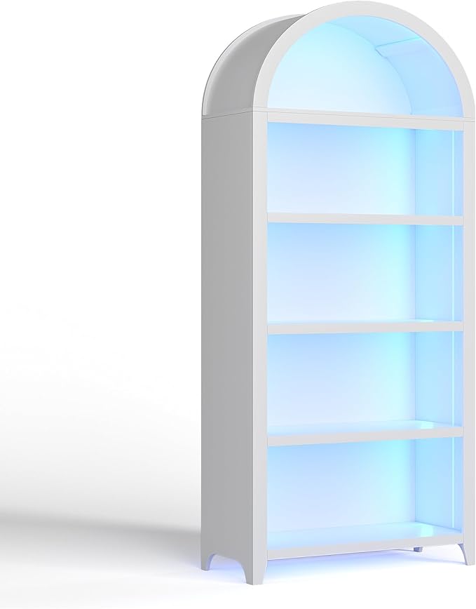 Arch Bookcase - 5 Tiers Bookshelf with 3 Colors LED Sensor Lights and Thickened Wooden Design Display Shelf for Lego Books Bathroom Living Room - Ideal Gift (White)