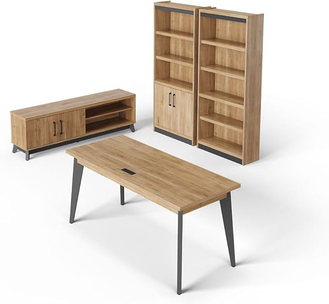 NBF Writing Desk and Low Credenza w/Storage Set Monarca/Black Base, Features Adjustable Shelves, Pencil Drawer, and Bookcases for Office Storage