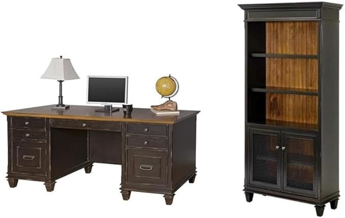 BOWERY HILL Set of 2 Double Pedestal Office Desk & Bookcase with Doors