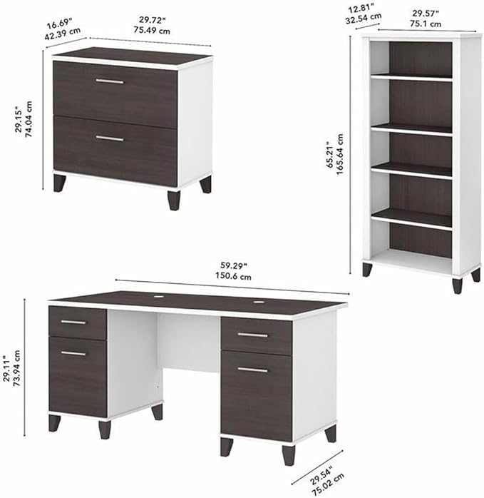 Pemberly Row 60W Engineered Wood Office Desk Set, Gray Finish, Includes Desk, Lateral File Cabinet, 5 Shelf Bookcase, Cable Management, Adjustable Shelves, Home Office Furniture for Organization
