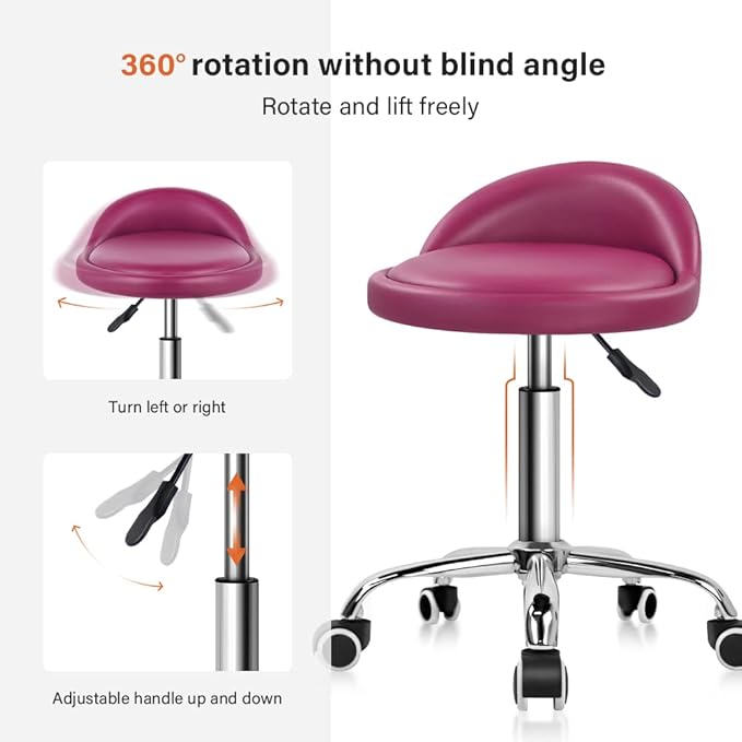 KKTONER PU Leather Round Rolling Stool with Back Rest Height Adjustable Swivel Drafting Work SPA Medical Task Chair with Wheels (Rose red)