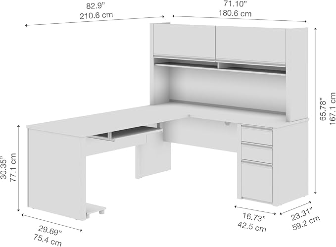 Bestar Connexion L Shaped Desk with Hutch and Pedestal in Slate and Sandstone, 72W | Large Corner Table for Home Office Workspace or Personal Work Area