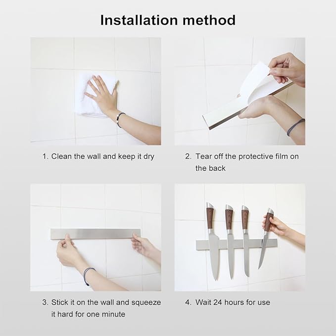 16 Inch Black Magnetic Knife Holder for Wall, No Drilling Adhesive Knife Strip with Powerful Magnet and Expanded Screws, Wall Mount Knife Rack for Knives, Includes Adhesive Tape (Silver White)