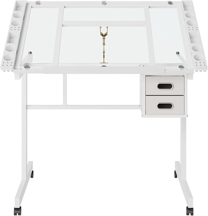 Rolling Drafting Table on Wheels, Painting Table Art Craft Desk Crafting Table with Tilting Transparent Tempered Glass Top, 2 Fabric Storage Drawers and 4 Wheels (White)