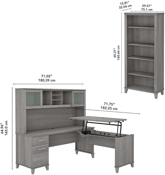 Pemberly Row Sit to Stand L-Shaped Desk with Hutch and 5-Shelf Bookcase, Engineered Wood, Gray Finish, 72W Office Set, Adjustable Heights, Storage Drawers, Ergonomic Workspace for Home or Office