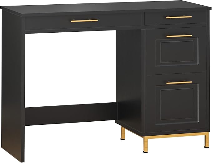 4 EVER WINNER Black Desk with Drawers, 43 Inch Writing Desk with Storage File Cabinet and Golden Handle, Home Office Desk for Bedroom, Black