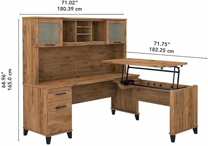 Pemberly Row 72W Sit to Stand L Shaped Desk with Hutch, Fresh Walnut Finish, Engineered Wood, Adjustable Height, Frosted Glass Doors, File Drawer, Ergonomic Office Desk for Home or Workspace