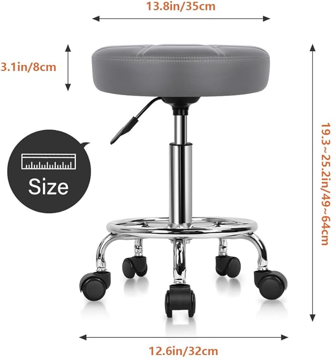 KKTONER Round Rolling Stool Chair PU Leather Height Adjustable Swivel Drafting Work SPA Shop Salon Stools with Wheels Office Chair Small (Gray)