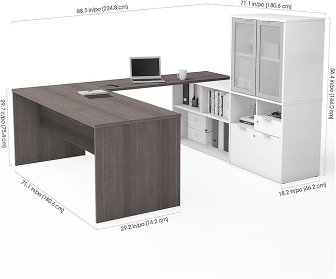 Atlin Designs Contemporary Wood U Shape Computer Desk, 56.8" H x 71.1" W x 88.6" D, Melamine & Particle Board, Bark Gray/White Finish, Hutch with Frosted Glass Doors, Lockable Drawers, Home Office