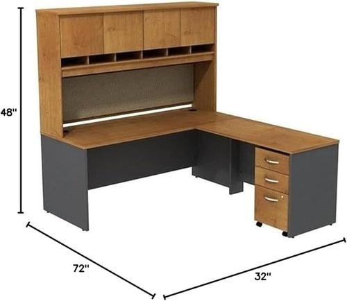 BOWERY HILL 72" L-Shaped Desk with Hutch, Natural Cherry Finish, Thermally Fused Laminate, 72" 4-Door Hutch with Fabric Tack Board, 48" Bridge Return, 3-Drawer Mobile Pedestal, Home Office Desk