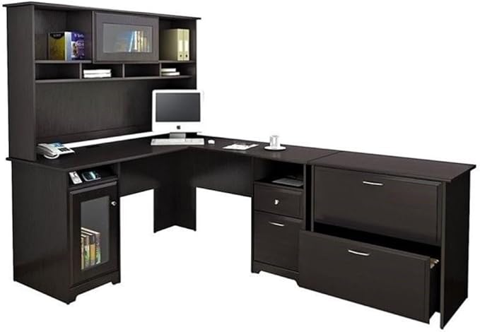 Pemberly Row 3 Piece Office Set, Espresso Oak Finish, Laminate Over Engineered Wood, Includes L Shape Desk with Hutch and File Storage, Built-in USB Hub, Home Office Organization Furniture