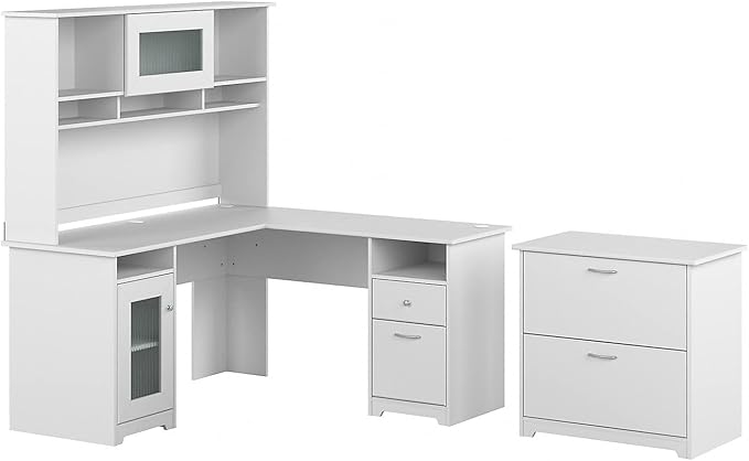 Bush Furniture Cabot 60W L Shaped Computer Desk with Hutch and Lateral File Cabinet in White