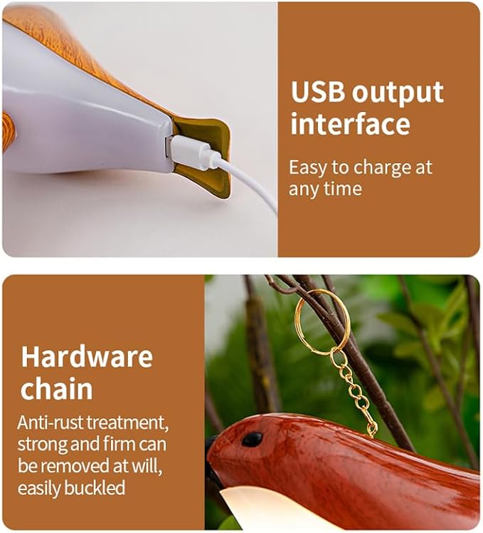 Remote control bird desk lamp in mahogany color, rechargeable small desk lamp with 3 color temperatures, remote control and touch sensor, capable of playing bird calls, built-in battery drive
