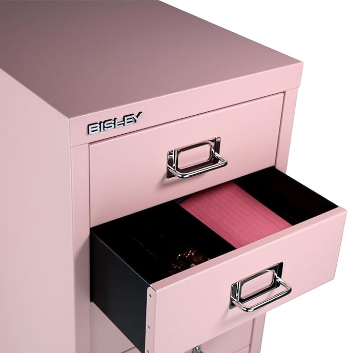 Bisley 6-Drawer Steel MultiDrawer Cabinet - Palest Pink, Chrome Pull Handles with Label Holders, Powder-Coated Steel, Removable Drawers, Fits Under Most Desks, Labels Included