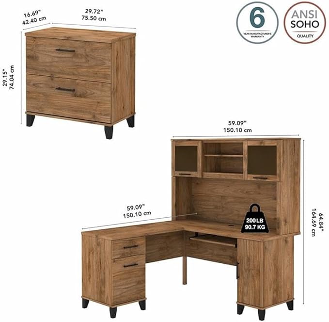 Pemberly Row 60W Engineered Wood L Shaped Desk with Hutch & File Cabinet, Fresh Walnut Finish, Frosted Glass Doors, Keyboard Tray, Legal/Letter File Storage, Home Office Furniture Set