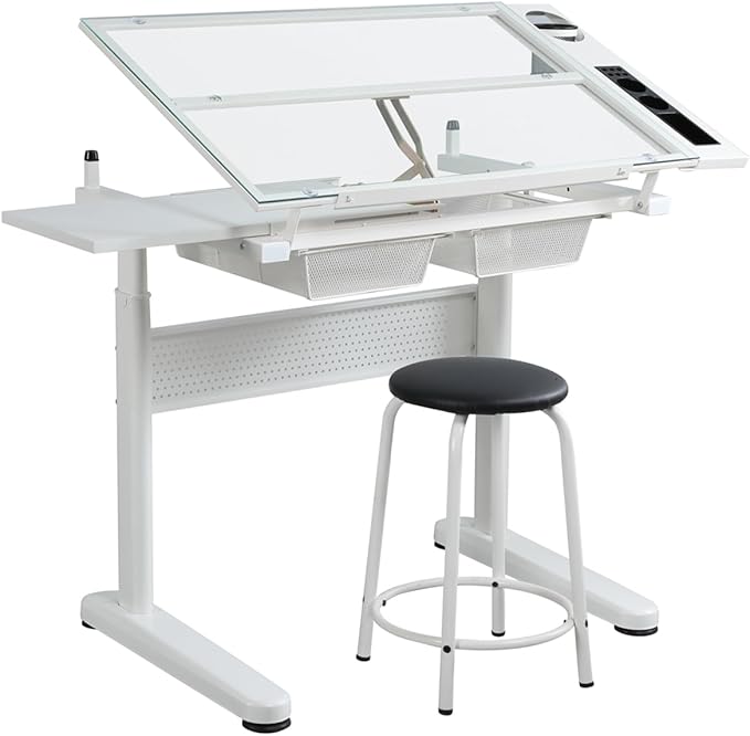 Adjustable Height Drafting Table with Storage Drawers & Stool for Adults, Glass Art Desk with Side Storage Strips, Drawing Table with Tilted Tabletop for Art Office Study (White+Glass B)