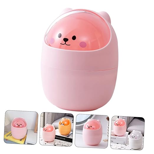 Luxshiny Cute Bear Desktop Trash Can Lid Mini Plastic Wastebasket for Home and Office Slim Garbage Bin for Bedroom and Desk