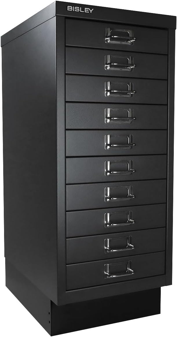 Bisley 10-Drawer Steel MultiDrawer Cabinet - Black, Chrome Pull Handles with Label Holders, Powder-Coated Steel, Removable Drawers, Fits Under Most Desks, Labels Included