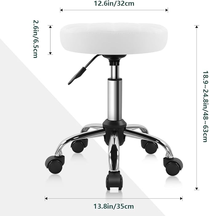 BFTOU White Classic Swivel Stool with Wheel for Salon Work Home SPA Shop Height-Adjustable and Cost-Effective Rolling Stool Chair Small