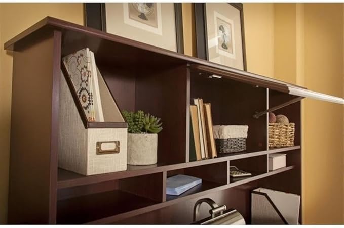 Pemberly Row 3 Piece Office Set, Laminate Over Engineered Wood, Harvest Cherry Finish, Includes L Shape Desk, Hutch, and Lateral File, Fluted Glass Doors, USB Hub, Ideal for Home Office Use