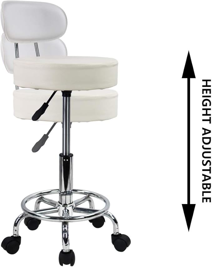 KKTONER PU Leather Rolling Stool Mid-Back with Footrest Height Adjustable Office Computer Home Drafting Swivel Task Chair with Wheels (White)