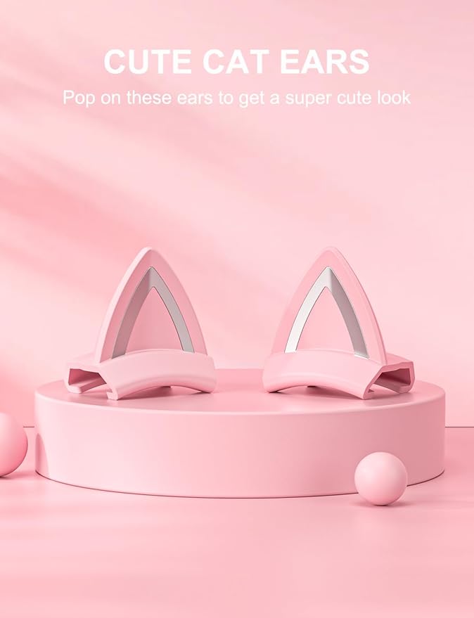 Pink Cat Ears for Headphone, Silicone Cute Kitty Ears Attachment, Lovely Detachable Accessories Fit for Gaming Headset, Lightweight & Durable