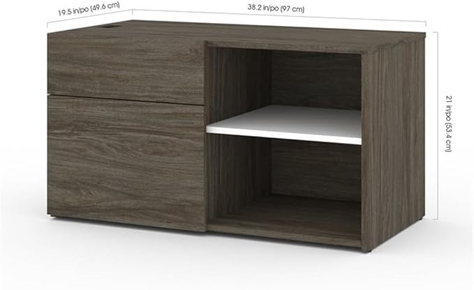 Pemberly Row 72" L-Shaped Standing Desk Set, Walnut Gray Finish, Adjustable Height, Dual Monitor Arms, Storage Shelves, Credenzas, Home Office Furniture Solution