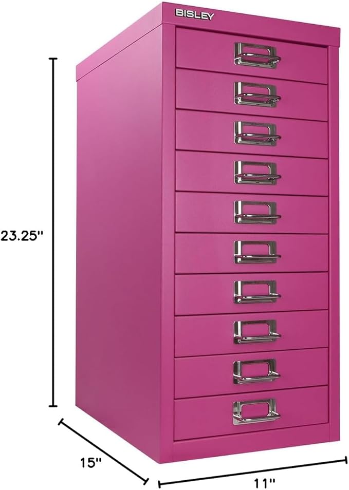Bisley 10-Drawer Steel MultiDrawer Cabinet - Fuchsia, Chrome Pull Handles with Label Holders, Powder-Coated Steel, Removable Drawers, Fits Under Most Desks, Labels Included