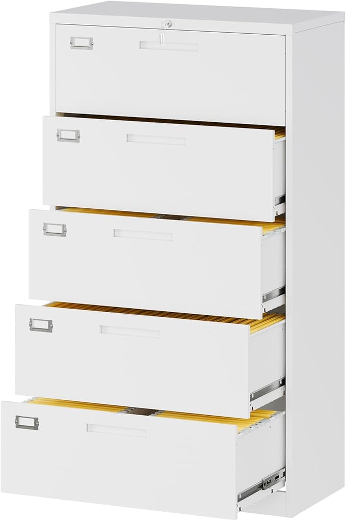 Fesbos Lateral File Cabinet with 5 Drawers - White Metal Steel Filling Cabinets for Home Office - Lockable Storage Cabinet for Hanging Files Letter/Legal/F4/A4 Size-Assembly Required