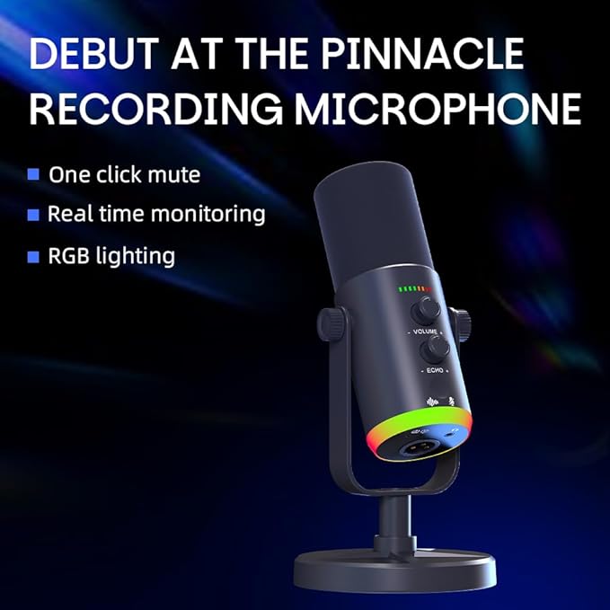 USB/XLR Desktop Dynamic Microphone with RGB Lighting, Noise Reduction, Mute Button & Headphone Jack - Podcast, Gaming, Streaming Mic for PC & Computer (Black)