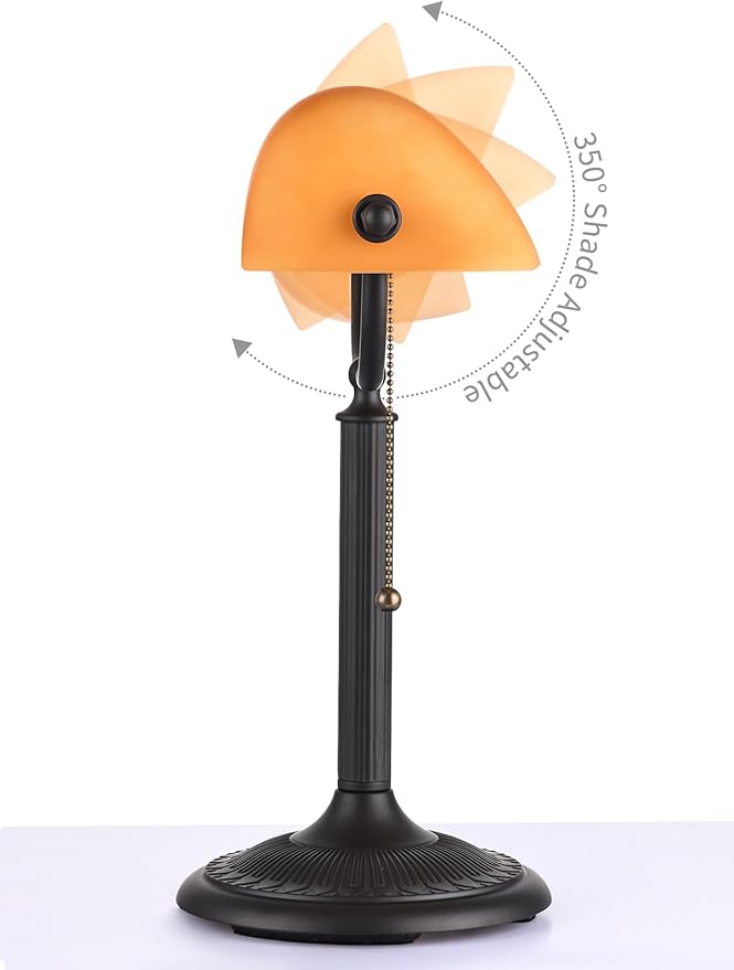 Newrays 1-Minute Quick-Change Shade Antique Matted Amber Glass Bankers Desk Lamp,Plug in Fixture for Study, Office, Library,LED Bulb Included