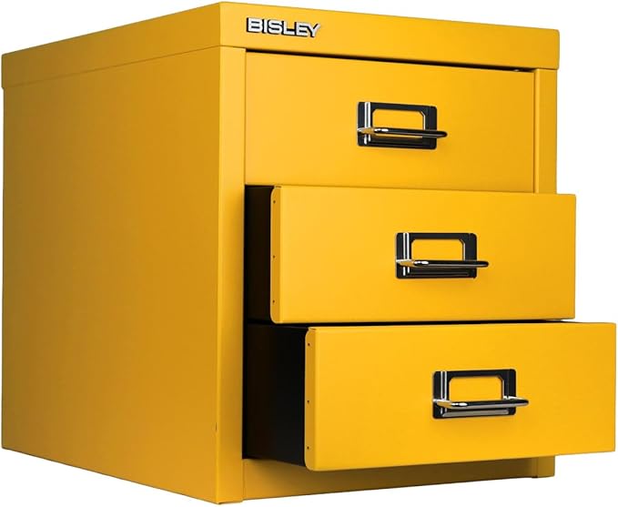 Bisley 3-Drawer Steel MultiDrawer Cabinet - Golden Sunflower Yellow, Chrome Pull Handles with Label Holders, Powder-Coated Steel, Removable Drawers, Desktop Storage, Labels Included