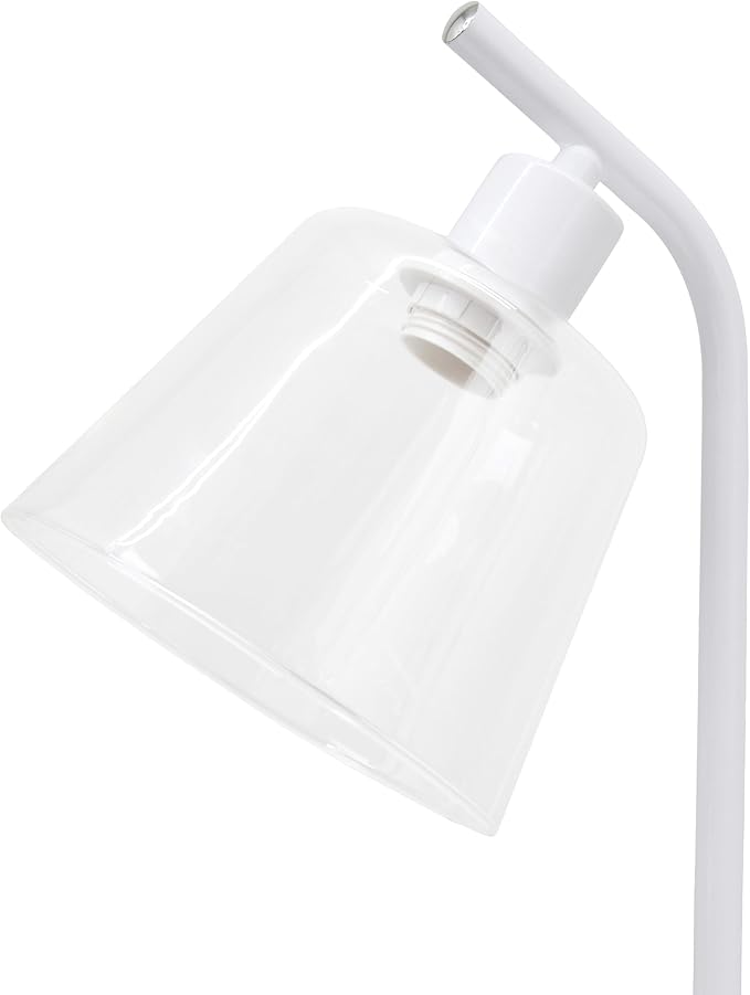 Simple Designs LD1074-WHT 15.75" Sleek Essentials Modern Industrial Metal Desk Lamp with Clear Glass Shade and Dual USB Ports, for Office, Desk, Nightstand, Dorm, White