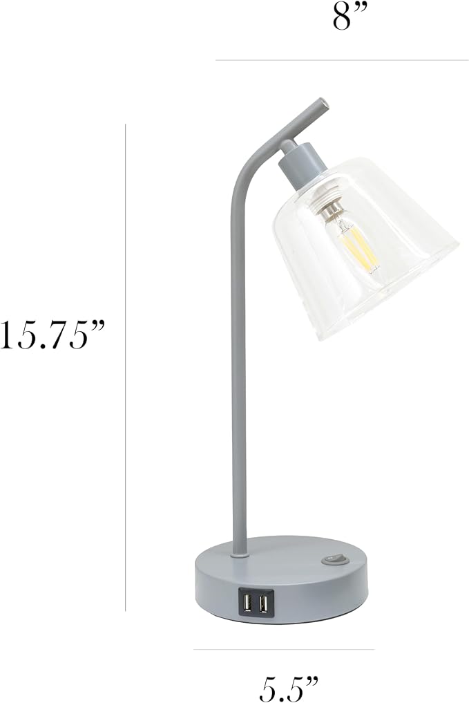Simple Designs LD1074-GRY 15.75" Sleek Essentials Modern Industrial Metal Desk Lamp with Clear Glass Shade and Dual USB Ports, for Office, Desk, Nightstand, Dorm, Gray
