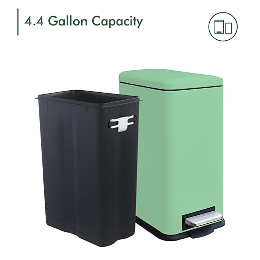 Green 16.7L/4.4 Gallon Bathroom Trash Can with Lid. Features a Removable Inner Bucket, a Soft - Close Lid, and a Stainless - Steel Step Pedal. Ideal for Use In The Bathroom, Kitchen, and Home Office