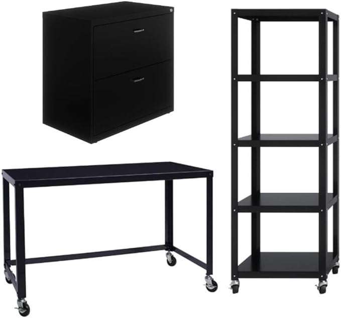 Home Square 3-Piece Set with Mobile Desk & File Cabinet & 5-Shelf Bookcase Black
