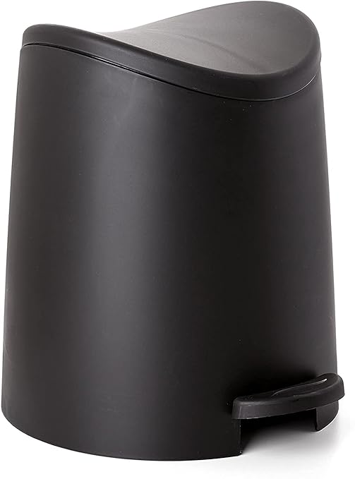 Superio MIni Plastic Bathroom Trash Can with Lid 3 Liter Black Modern Curved Step On Trash Can with Foot Pedal, Mini Kitchen Waste Bin, Durable and Soft Close for Bedroom, Office, Under Desk