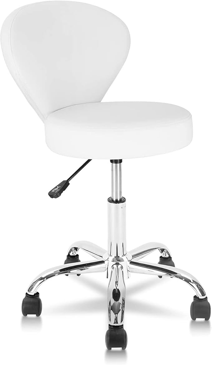 KLASIKA Leather Rolling Salon Stool with Back Support and Wheels Adjustable Height Swivel Spa Stools for Office Massage Facial Medical Drafting Tattoo Beauty Barber Lab Doctor Clinic Tattoo, White