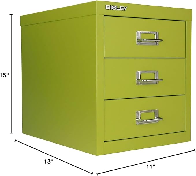 3-Drawer Steel MultiDrawer Cabinet - Bisley Green, Chrome Pull Handles with Label Holders, Powder-Coated Steel, Removable Drawers, Desktop Storage, Labels Included by Bisley