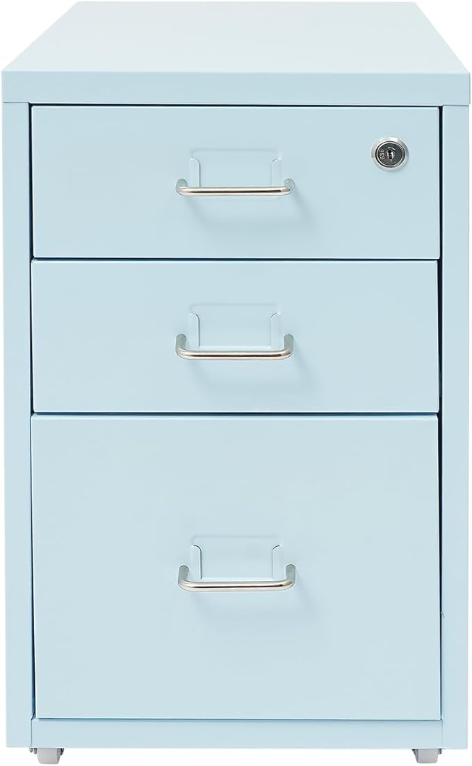 File Cabinet with Lock, 3-Drawer Vertical File Cabinet, 11 * 16 * 18.3In Metal File Cabinet with Wheels for Home Office (Blue)