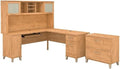 Pemberly Row 72W L Shaped Desk with Hutch & File Cabinet, Maple Cross Finish, Transitional Style, Ample Storage, Frosted Glass Doors, Home Office Furniture Set