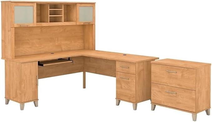 Scranton & Co Somerset 72W L Shaped Desk with Hutch & File Cabinet, Maple Finish, Includes Keyboard Tray, Wire Management, Frosted Glass Doors, Legal/Letter Filing, Home Office Furniture Set