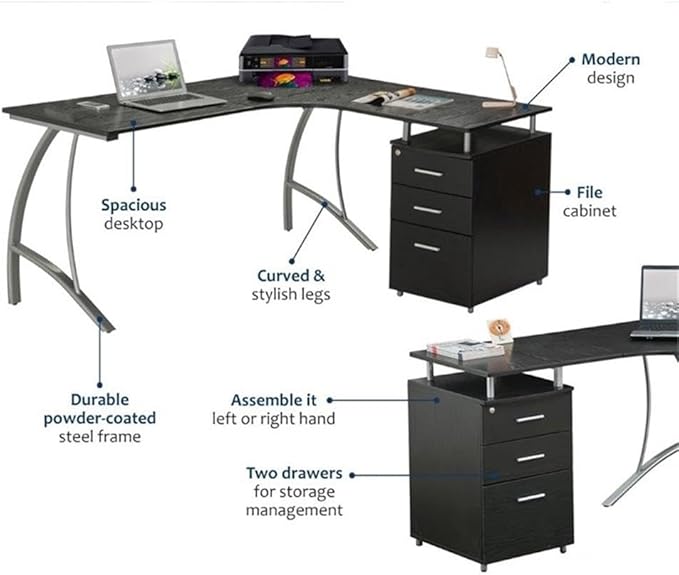 Scranton & Co Modern Wood L-Shaped Corner Desk, Espresso Finish, 30" H x 55" W x 59" D, MDF Panels with PVC Laminate, Built-in Locking Storage & Hanging File Cabinet, Space-Saving Home Office Desk