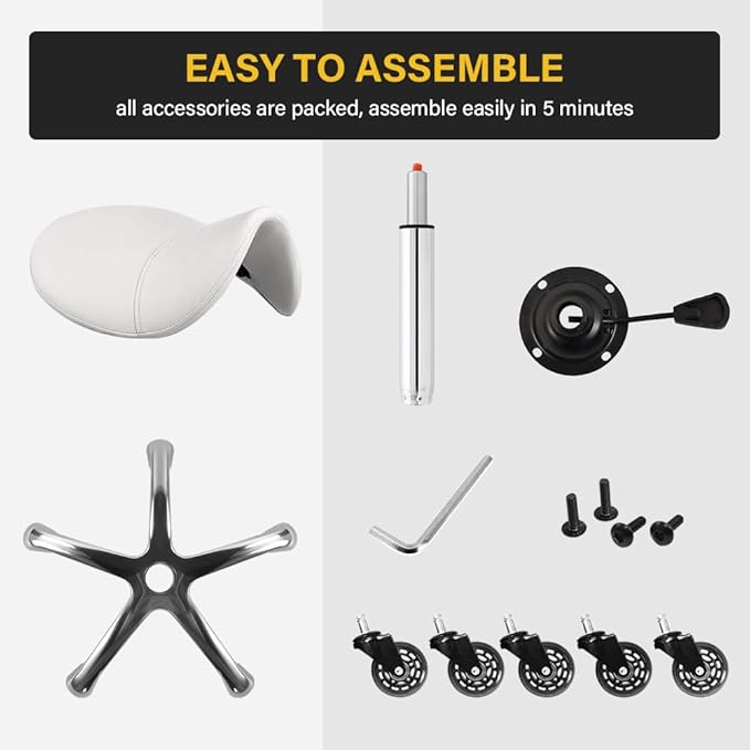 WKWKER Heavy Duty Saddle Rolling Stool with Wheels Hydraulic Swivel Adjustable Rolling Chair Ergonomic Thick Leather Seat Stool Chair for Kitchen Drafting Lab Office Salon Massage Chair – White